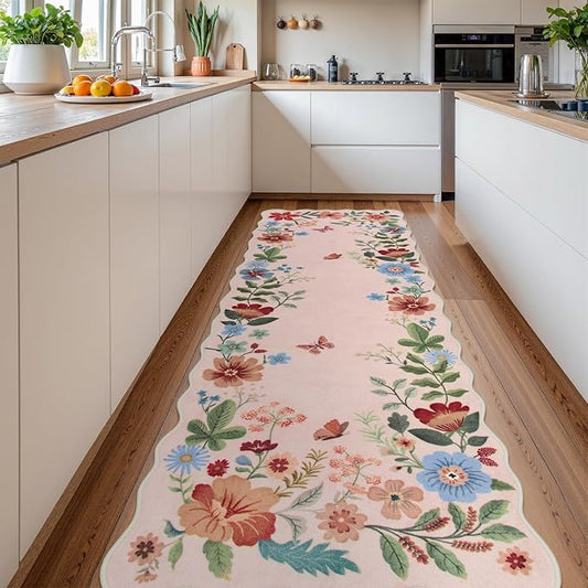Lahome Floral Kitchen Runner, 2X6 Washable Runner Rug Non-Slip, Ultra-Thin Soft Hallway Rug Stain Resistant Boho Carpet for Bedroom Laundry Bathroom, Light Pink