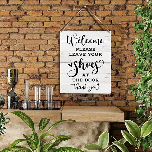 Front Door Welcome Sign, Please Remove Your Shoes Signs, No Shoes Sign for Home, Wooden Hanging Plaque 10 x 8 Inch, For Home Porch Entrance Decoration