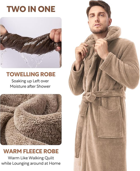 DAVID ARCHY Men's Hooded Robe Soft Coral Fleece Microfiber Bathrobe