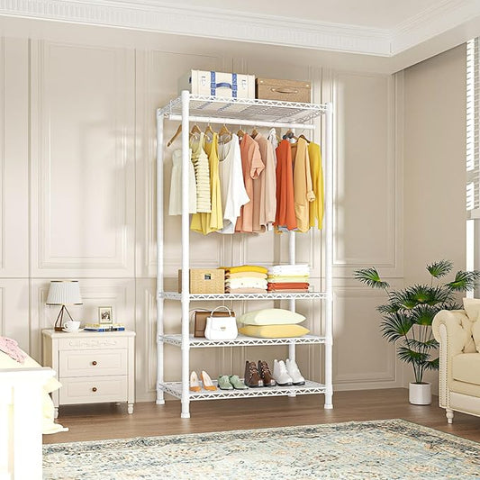 Ulif H2 Heavy-Duty Portable Closets, 4-Tier Freestanding Garment Rack Suit for Small Space and Corner, Closet Organizer System Portable Closet Wardrobe, Max Load 500 LBS, White