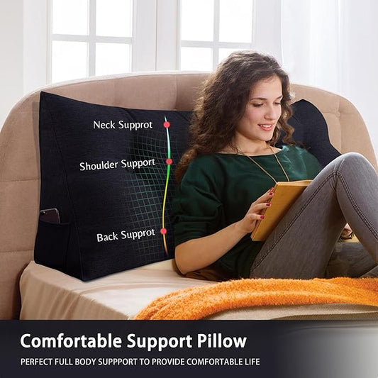 8 lbs Thickened Twin Headboard Pillow Wedge College Dorm Bed Pillow for Backrest Reading Triangular Pillow with Side Pocket for Sitting in Bed, Dorm Bedding Essentials for Girls & Boys Black