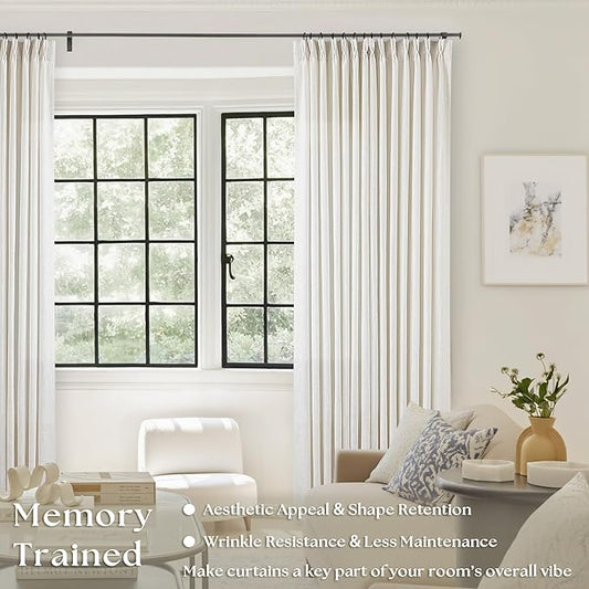 102 Inch Long Curtains Pinch Pleat Linen Curtains for Living Room Bedroom 2 Panels Natural Cream Light Filtering Privacy Neutral 102 Inch Pleated Drapes Hooks Rings Back Tab for Window Sliding Door
