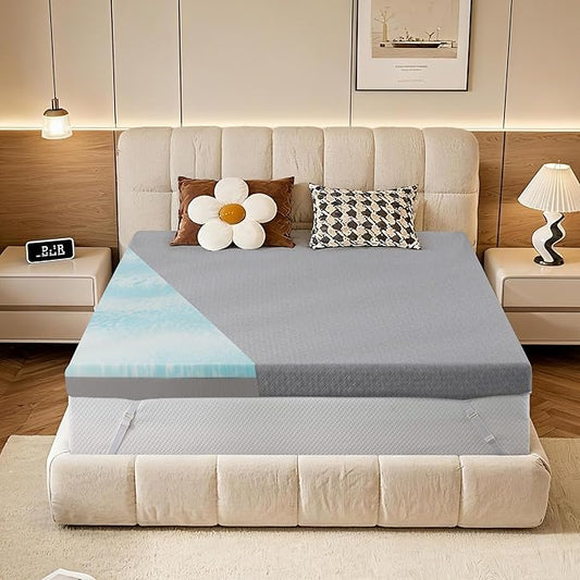 Vipbear Queen Size 3 Inch Mattress Topper, Cooling Gel Memory Foam with Bamboo Fiber Cover, Medium Firm Spine Support