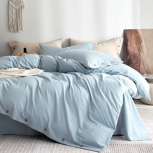 JELLYMONI 100% Washed Cotton Duvet Cover Twin – Soft, Breathable Linen-Look Bedding with Natural Wrinkle Texture, Button Closure, 3-Piece Set (Mist Blue, 68"x90")