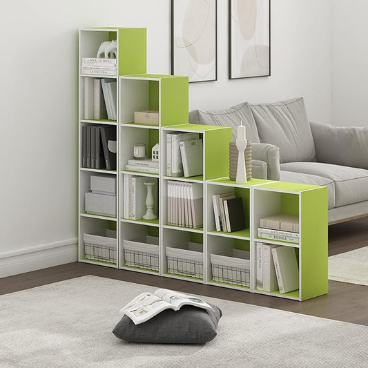 Furinno PASIR Book Shelf, 5-Tier Modern Bookshelf, Open Shelves Bookcase 9 x 12 x 52, for Living Room, Bedroom, Home Office, Green/White