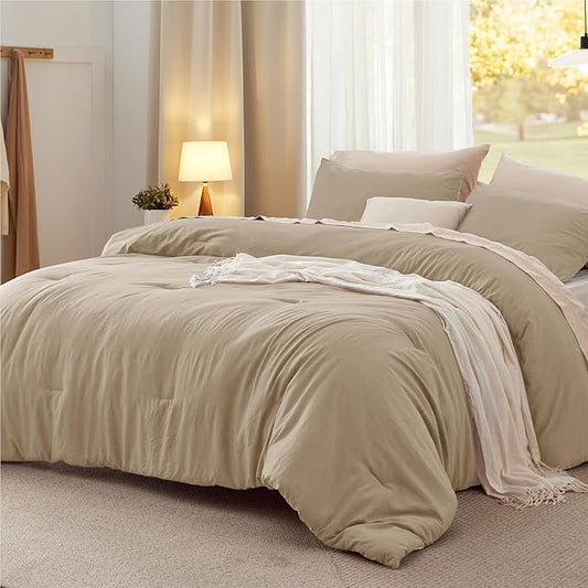 Bedsure California King Size Comforter Set, Khaki Soft Prewashed Bedding for All Seasons, 3 Pieces GentleSoft™ Down Alternative Bed Set, 1 Lightweight Comforter (104"x96") and 2 Pillowcases (20"x36")