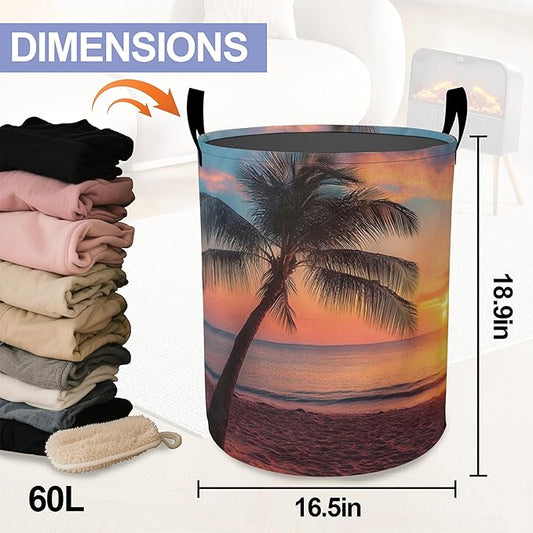 Laundry Basket, Sunset Beach Oxford Cloth Laundry Hamper With Handle Foldable Portable Clothes Storage Basket Storage Bag For Laundry Room/Bathroom/Bedroom/Dormitories