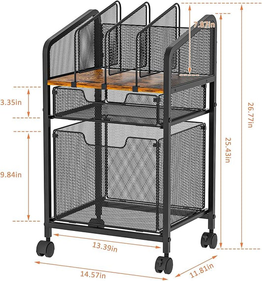 Rolling File Cabinet with Adjustable Dividers, Mobile Filing Cabinet with 2 Storage Drawers on Lockable Wheels, Hanging File Organizer Beside Under Desk for Office, Home(Patent Pending)