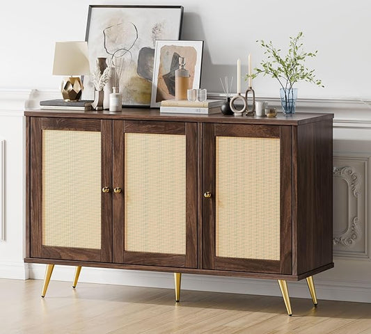 JAMFLY Buffet Cabinet With Storage, Kitchen Storage With 3 Rattan Decorated Doors, Accent Sideboard for Dining Room, Living Room, Entryway, Hallway, Walnut