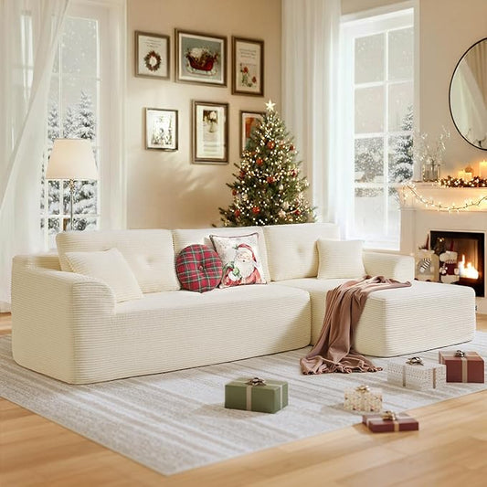 VASAGLE 108.3 Inches Boneless Couch with Chaise, Modular Sectional Sofa, Modern Cloud Couch with Deep Seat, L-Shape Corduroy Sofa for Living Room, Right-Facing Chaise, Bedroom, Cream White ULCS182WD01