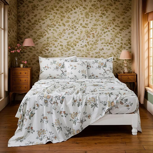 FADFAY Sheets Set Twin XL Elegant Floral Bedding Shabby Beige Bird Print College Dorm Room Bedding Vintage Farmhouse Set100% Cotton Bed Sheet Set with Deep Pocket Fitted Sheet 4Pcs, Twin XL Size