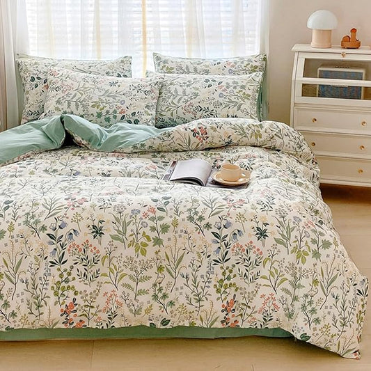 Lightweight Queen Duvet Cover Set Green Pink Floral Bedding Sets Queen Flower Branches Duvet Cover Set Aesthetic Boho Chic Premium Cotton Comforter Cover Set Girl 3 Pieces Queen Duvet Cover Set