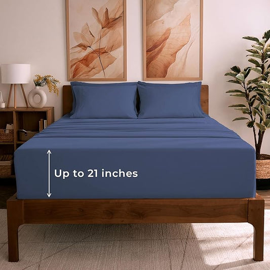 Mellanni King Sheet Set - 6-Piece Iconic Collection Bedding, (Including 4 Pillowcases), 21-Inch Extra Deep Pocket, Easy Care, Ultra Soft, Cooling Sheets, Brushed Microfiber - Blue Nova