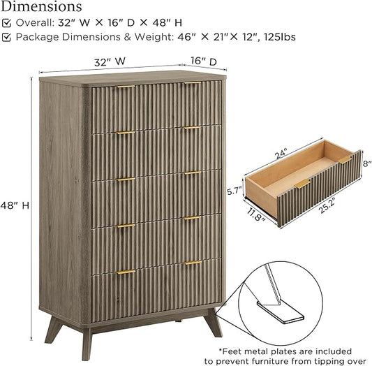 T4TREAM Fluted 5 Drawers Dresser, 48" Tall Modern Chest of Drawers, Curved Profile Design, Wood Drawer Organizer for Bedroom, Living Room, Hallway, Entryway, Grey Alder