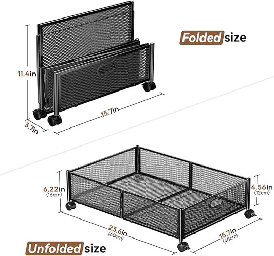 PHINOX Under Bed Storage with wheels, Under the Bed Storage Containers,Upgrade Crossed Iron Wire, Metal Rolling Underbed Storage Containers for Bedroom Clothes Shoes Blankets-2 Pack,Black