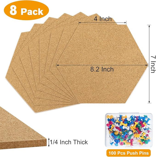 TUPARKA 8 Pack Cork Board Hexagon Bulletin Boards Cork Tiles 8.2"x7" - 1/4" Self-Adhesive Corkboards with 50 Push Pins Mini Wall for Wall Home School Office Decorative (8, 8.2"x7")