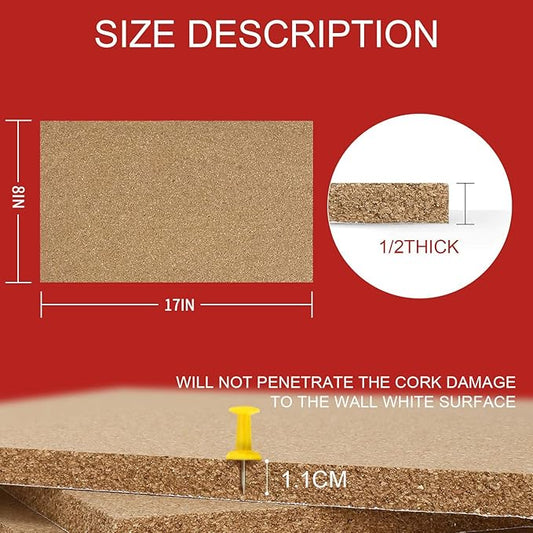 Cork Board Tiles 17”X 8” – 1/2” Thick Cork Board – Bulletin Board – Pin Board Decoration for Pictures,Ultra Strength Adhesive Backing – 6 Pieces Cork Boards for Walls – 1 Box Push Pins