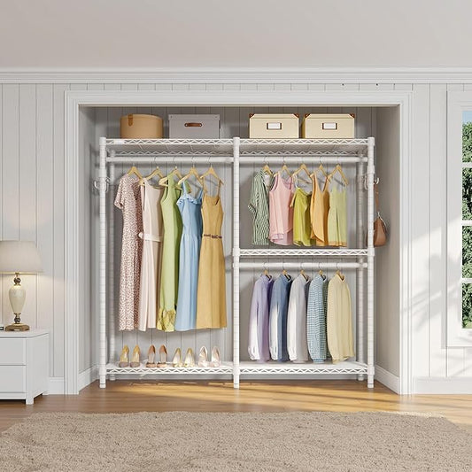 VIPEK V4 Garment Rack for Hanging Clothes, Portable Wardrobe Freestanding Closet Organizer, Heavy Duty Clothes Rack Metal Clothing Rack with 3 Hanging Rods & 2 Side Hooks, Max Load 810lbs, White