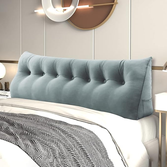 Johnear Wedge Headboard Large Bolster Pillow Reading Pillows for Sitting in Bed Adult, Velvet Triangular Cushion Backrest Lumbar Back Support Upholstered Daybed Sit Up Book Pillows(Lightgray, King)