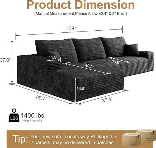 108" Sectional Couches for Living Room Modern Modular Sofa with L-Shape Couchs Upholstered Boneless Couch Deep Seat Sectional Couch with Chaise (Black, Left Facing Chaise+2Seaters)
