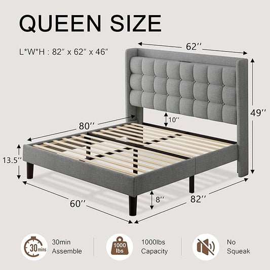 Queen Bed Frame, Upholstered Platform Bed with Charging Station, Modern Wingback Storage Headboard, Solid Wood Slats Support, No Box Spring Needed, Light Gray