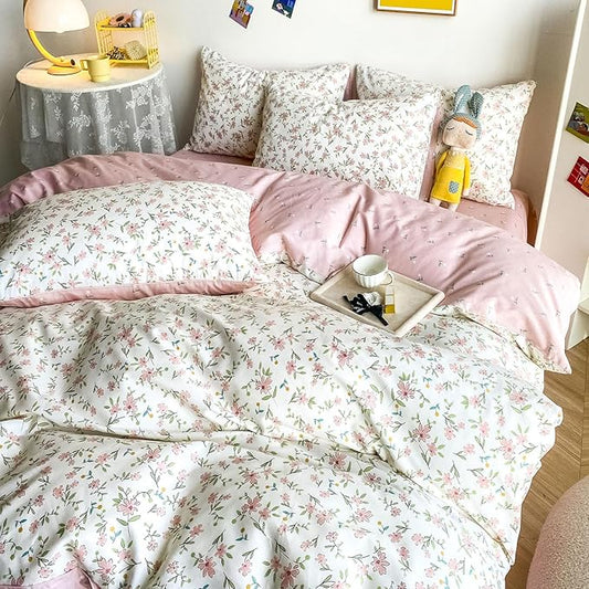 HighBuy White Cotton Floral Duvet Cover Full Girl Pink Floral Bedding Set Garden Style Botanical Coquette Bedding Comforter Cover with Zipper Closure,Cottagecore Duvet Cover Set Full,2 Pillowcases