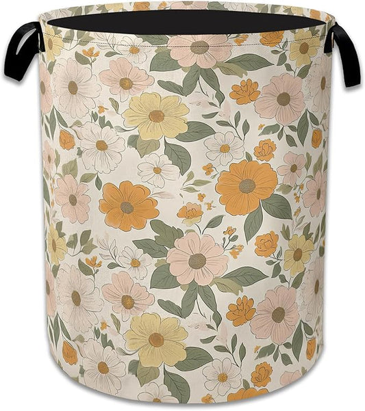 Retro Boho Groovy Flower Laundry Basket,Foldable Waterproof Oxford Cloth Tote Bag Laundry Hamper with Handles,20.8"x16" Clothes Storage Bucket Organizer for Laundry Room, Bathroom, Bedroom