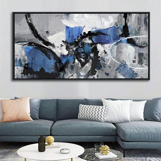Blue Abstract Canvas Wall Art: Large Wall Art Paintings for Living Room, Modern, Framed Artwork in Blue and Black -Bedroom, and Office Decorations for Work - Gray Pictures for bedroom Wall Decor