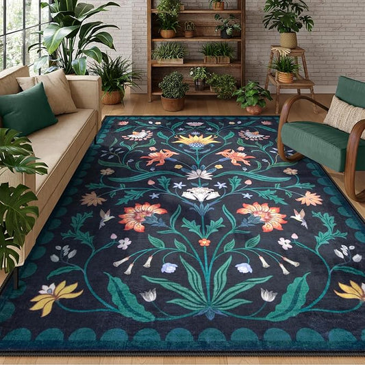 Lahome Boho Floral Washable Dark Blue 8x10 Area Rugs for Living Room, Non Slip Rugs for Bedroom, Ultra-Thin Indoor Throw Dining Room Carpet for Under Table Home Office Farmhouse(Dark Blue,8x10)