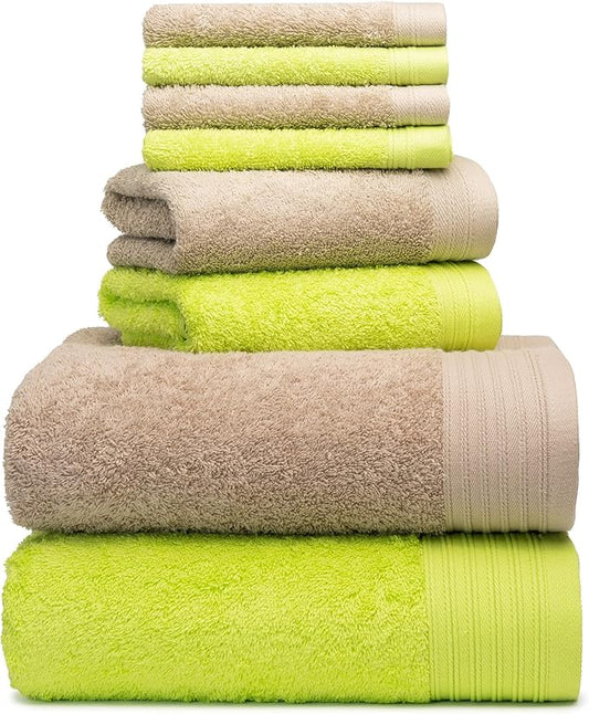 Premium 8 Pieces Towel Set Including 2 Bath Towels 30" x 56", 2 Hand Towels 18" x 30" and 4 Washcloths 13" x 13" - Color: Apple Green & Sand | Pure Cotton |Machine Washable high Absorbency