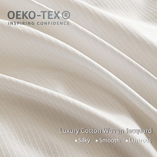 HeimenAogo 100% Cotton Vertical Stripe Jacquard Duvet Cover Twin/Twin XL, Luxury Hotel Collection Textured Weave, Silky Soft Comforter Cover 68x90 Inch, Zipper Closure, White Striped
