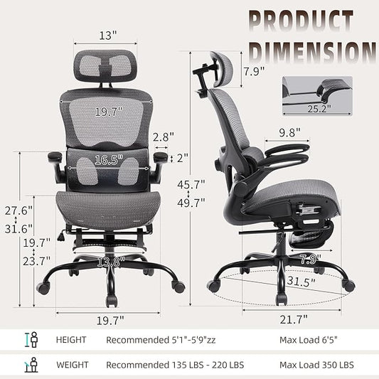 Ergonomic Office Chair, Adjustable High Back Desk Chair with Headrest Footrest 2D Lumbar Support - Executive Breathable Mesh Comfy Swivel Rolling Reclining Computer Task Chairs for Home Office Gaming