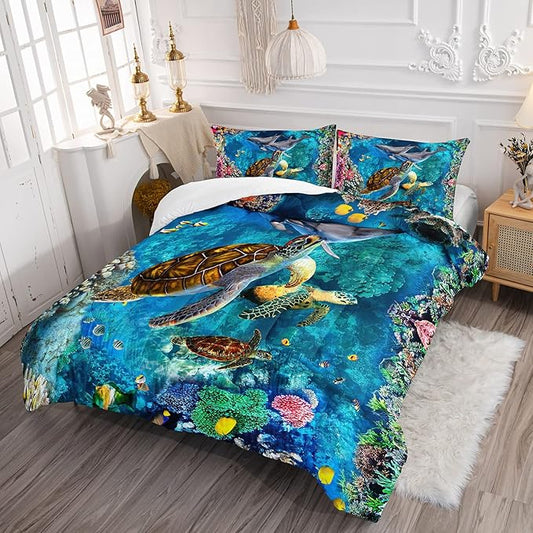 CVHOUSE Kids Teens Ocean Sea Turtle Bedding Set - Twin Size Comforter, Duvet, Quilt Set with Room Decor