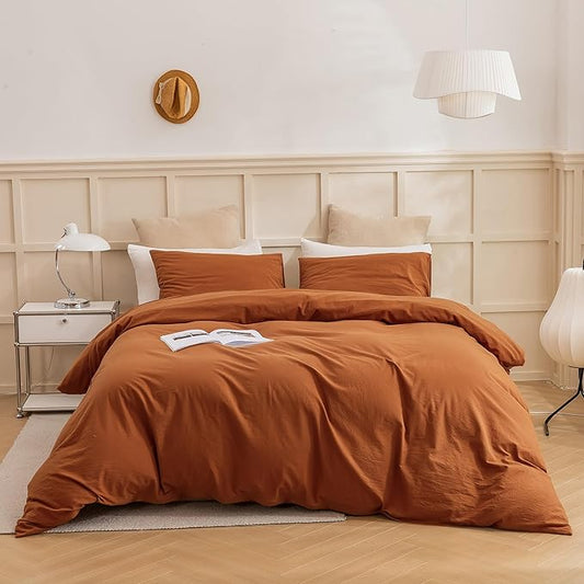 ECOCOTT 100% Washed Cotton Duvet Cover Twin Size – Soft & Breathable Linen Feel Bedding Set, 3 Pieces Brown Comforter Cover with Zipper Closure for All Seasons