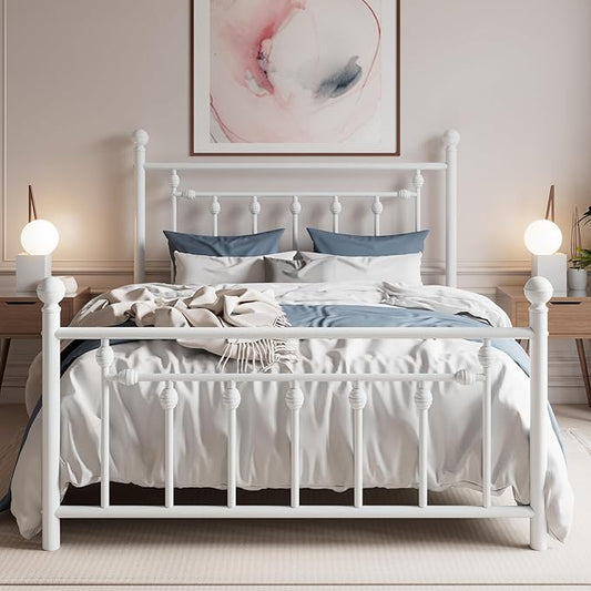 SHA CERLIN 14'' Full Size Metal Platform Bed Frame/Victorian Headboard and Footboard/Steel Slats Mattress Foundation for Storage/No Box Spring Needed/Noise Free/White
