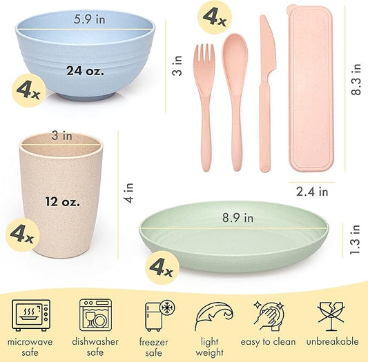 FOODLE Wheat Straw Dinnerware Set - BPA Free & Safety Tested - Dishwasher & Microwave Safe - Toddler & Kids Plates and Bowls Sets - Plastic Plates Reusable - Perfect for RV, Camping Dishes - For 4