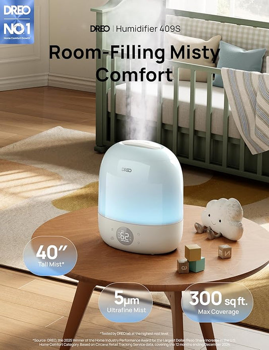 DREO Humidifier 409S, Humidifiers for Bedroom Baby, Ultra Quiet 28dB & 3L Top Fill Cool Mist Humidifier for Nursery, Smart Air humidifier for Plants, 1500+ RGB Night Light & Sleep Routine Trainer