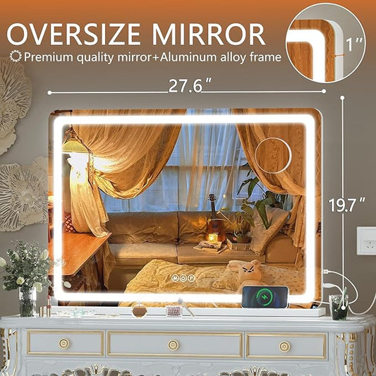 Hasipu Vanity Mirror with Lights, 27.6" x 20" LED Makeup Mirror, Lighted Makeup Mirror with Dimmable 3 Modes, Touch Screen Control Vanity Mirror Round White