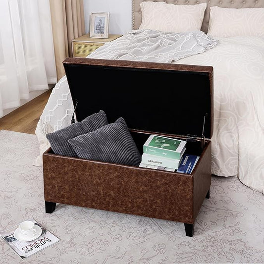 Joveco Storage Ottoman Bench, 33 Inches Faux Leather Rectangle Tufted Foot Stool for End Foot of Bed, Bedroom, Living Room, Walnut