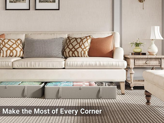 2-Pack Under Bed Storage Containers, 8 Inches Tall Underbed Clothes Storage Organizer Bin with Sturdy Sidewalls/Bottom, Under the Bed Storage Bags 2 Storage Bins, Light Grey