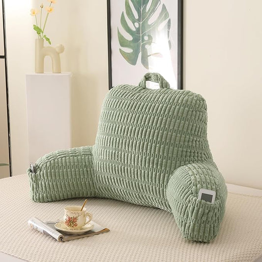 Reading Pillow for Sitting in Bed, Large Backrest Reading Pillow with Arm Rest,Back-Rest Support Cushion for Sit Up on Couch, Sofa, and Floor, Dorm Essentials (Green Corduroy, Large(19"))