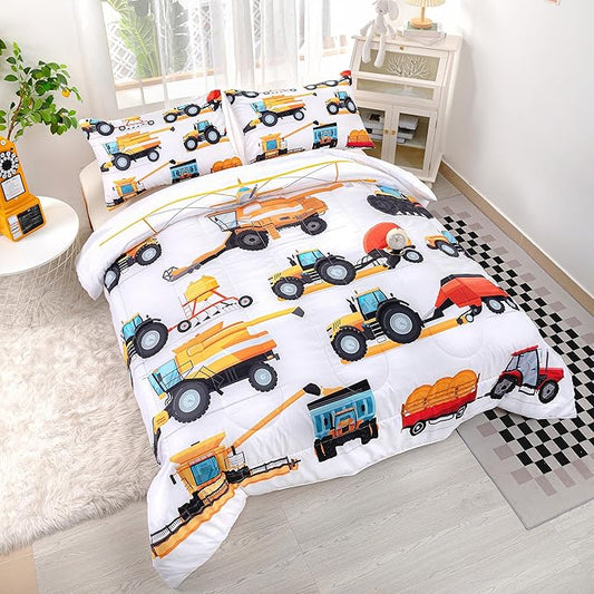 CVHOUSE Tractor Bedding Set for Boys - Twin Excavator Comforter & Trucks Tractors Cars Quilt Set with 1 Comforter and 2 Pillow Cases - 3 Piece