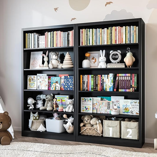 Black Bookshelf, 55” Adjustable Tall Metal Bookshelf, 5-Tier Toy Storage Organizer with Anti-Tilt Device, Modern Book Cases and Book Shelves for Bedroom, Playroom, Classroom, Study