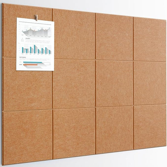 Large Bulletin Board 48" x 36" - 12 Pack Felt Wall Tiles with 60 Pcs Safe Removable Adhesive Tabs & 40 Pcs Pushpins, Cork Board for Office, School & Dart Wall Protector - Warm Beige