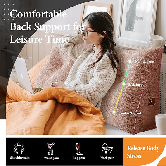 11 lbs Thickened Queen Wedge Pillow Headboard Body Positioner Bed Wedge Pillow Backrest Triangular Headboard Pillow for Sleeping with Side Pocket Velvet Positioning Support Pink