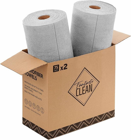 Fantasticlean Microfiber Cleaning Cloth Roll -150 Pack, Tear Away Microfiber Towels, 12" x 12", Reusable, Washable, Ultra Absorbent Dishcloth for All-Around Cleaning Supplies (2 Rolls of Grey)