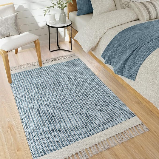 Lahome Boho Bedroom Rug, 3x5 Blue Office Rug Lightweight Bath Door Mats Indoor Woven Entry Rugs with Tassels, Non Shedding Washable Throw Farmhouse Carpet for Living Room Camper RV