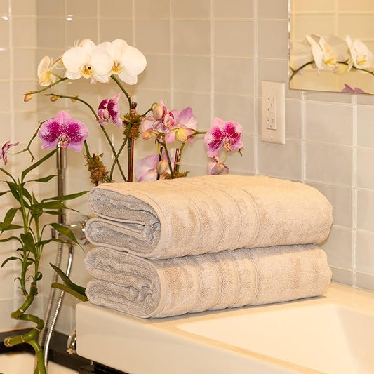 Mosobam Luxury Turkish Towels Set of 4 Bath Sheets 35X70 Light Grey (Gray) 700 GSM Bamboo Viscose & Aegean Turkish Combed Cotton