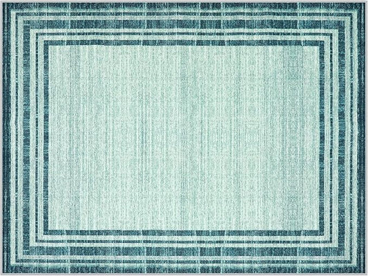 Lahome Abstract 9x12 Area Rug for Living Room, Washable Teal Rugs for Living Room Low-Pile Bedroom Rug, Minimalist Border Stain Resistant Large Room Carpet for Dining Room Kids Playroom