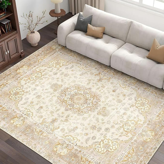 Beige Rug 6'x9' Area Rugs,Boho Washable Rug for Living Room Bedroom Dining Room,Large Vintage Bohemian Distressed Oriental Carpet Non Slip,Retro Gold Floral